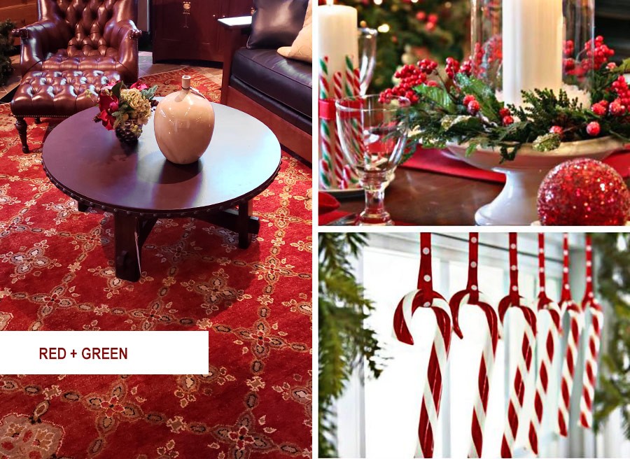Traditional red and green cozy holiday area rugs